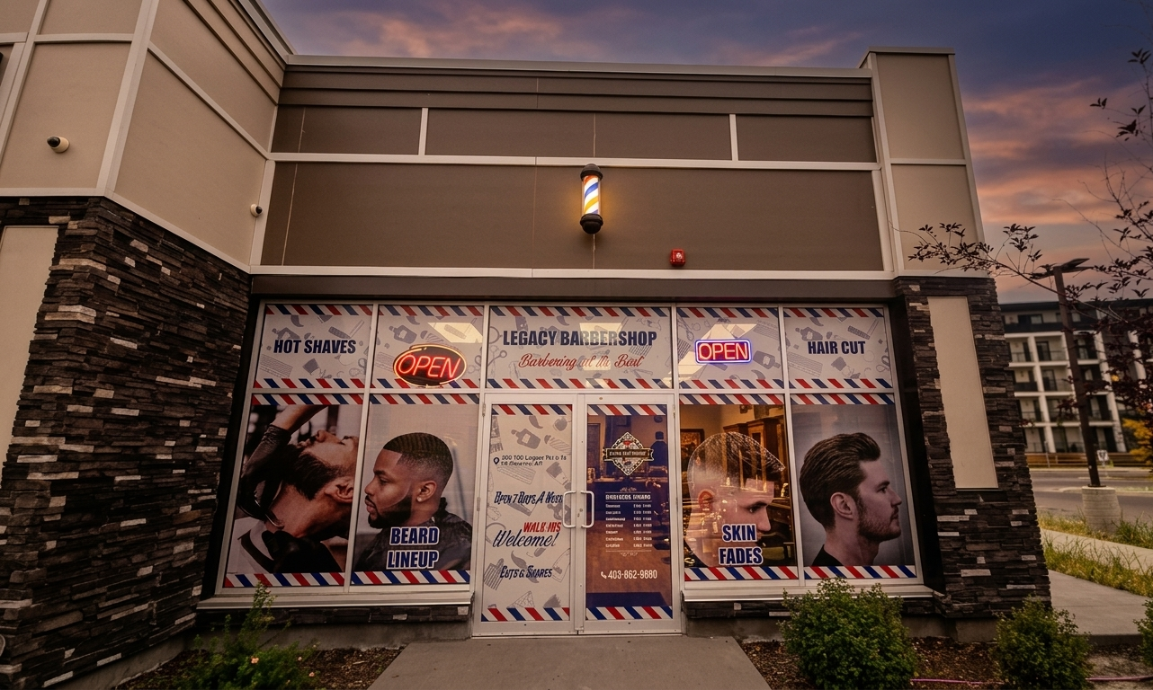 Legacy Barbershop storefront exterior — 180 Legacy Main St SE, Calgary